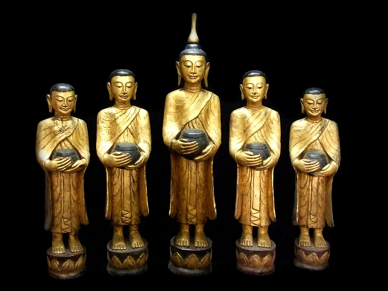 Extremely Rare Set Of 19C Wood Burmese Shan Buddhist Monks #038-1S